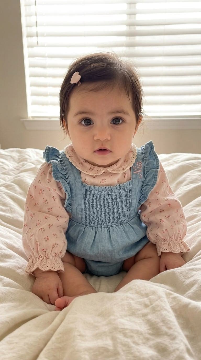 Baby girl wearing the Nia smocked pinafore over a floral blouse